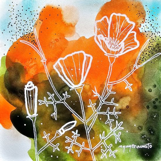 Image depicts hand-drawn California poppy blooms with white line work against bright orange, spring green, and dark green background.
